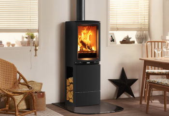 Wood burning stove in kitchen