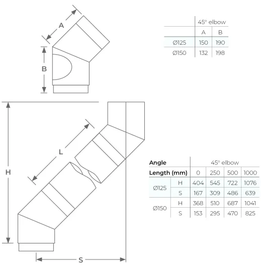 67-125-041 - Smooth 45°135° Elbow with Door - Ø 125mm